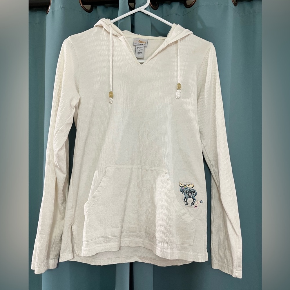 White long-sleeve shirt with hood, size small